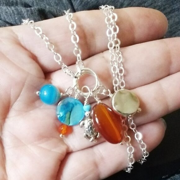 Agate & Shell Beads + Turtle ~ Summer Boho Beachy Cluster Necklace - 20+2" - Picture 3 of 4